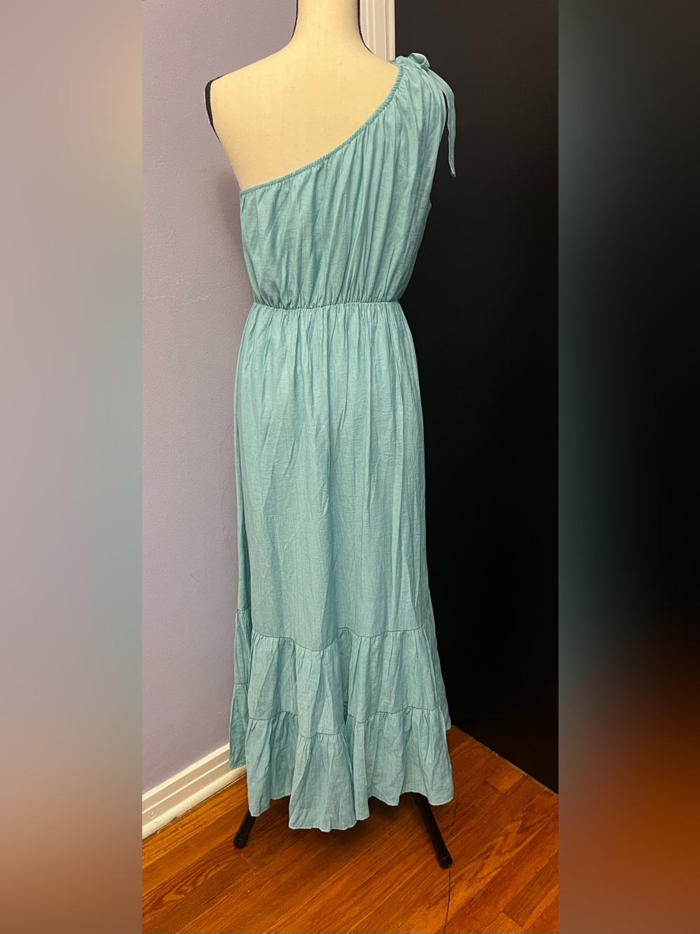 The Sarah One-Shoulder Aqua Maxi Dress with Tie Shoulder - Picture 2 of 5
